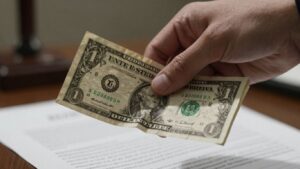 Hand holding money near legal document
